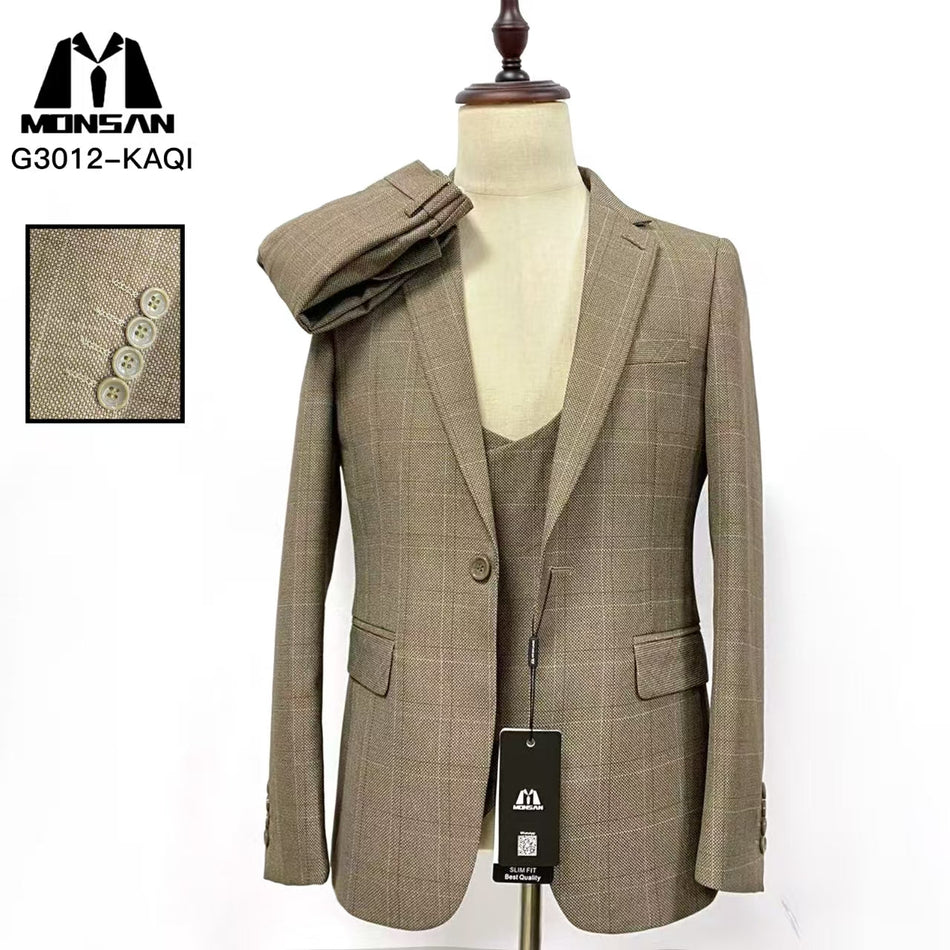 Khaki Plaid 3Piece Slim Fit Suit Set
