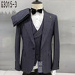 Slim fit grey-blue plaid 3-piece suit: jacket, vest, white shirt, black bow tie