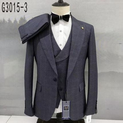 Slim fit grey-blue plaid 3-piece suit: jacket, vest, white shirt, black bow tie