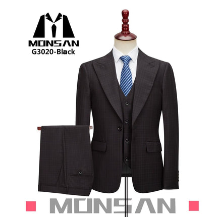 Dark plaid three-piece suit set with jacket, vest, and trousers