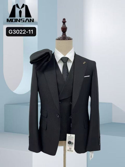 Black textured 3-piece slim-fit suit with matching vest and tie, pocket square