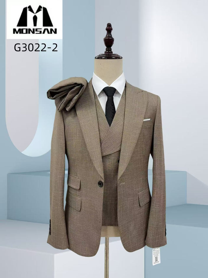 Khaki textured 3-piece slim-fit suit jacket and vest with black necktie
