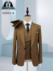 Caramel slim-fit 3-piece suit: jacket, waistcoat, white shirt, dark patterned tie