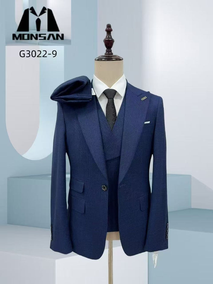 Navy textured 3-piece suit set with blazer and waistcoat, shown on mannequin