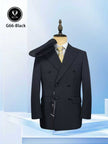 Black double-breasted suit jacket with peaked lapels, long sleeves, and flap pockets