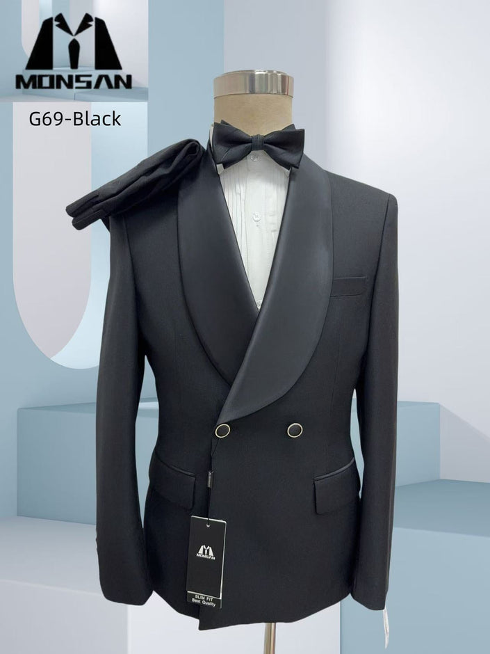 Black slim-fit double-breasted tuxedo with shawl lapel, bow tie, and vest