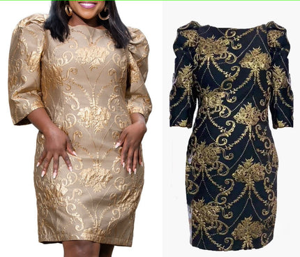 Gold and black embroidered party dress with puff sleeves and fitted sheath skirt