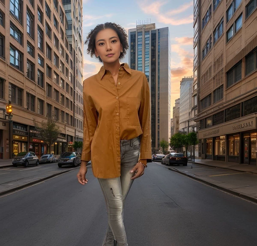 Relaxed fit shirt in brown, short-sleeve button front with pointed collar