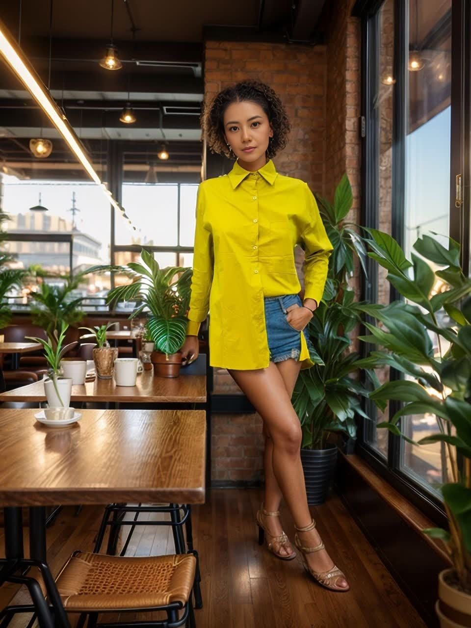 Relaxed fit shirt in yellow, button-up with pointed collar and long sleeves