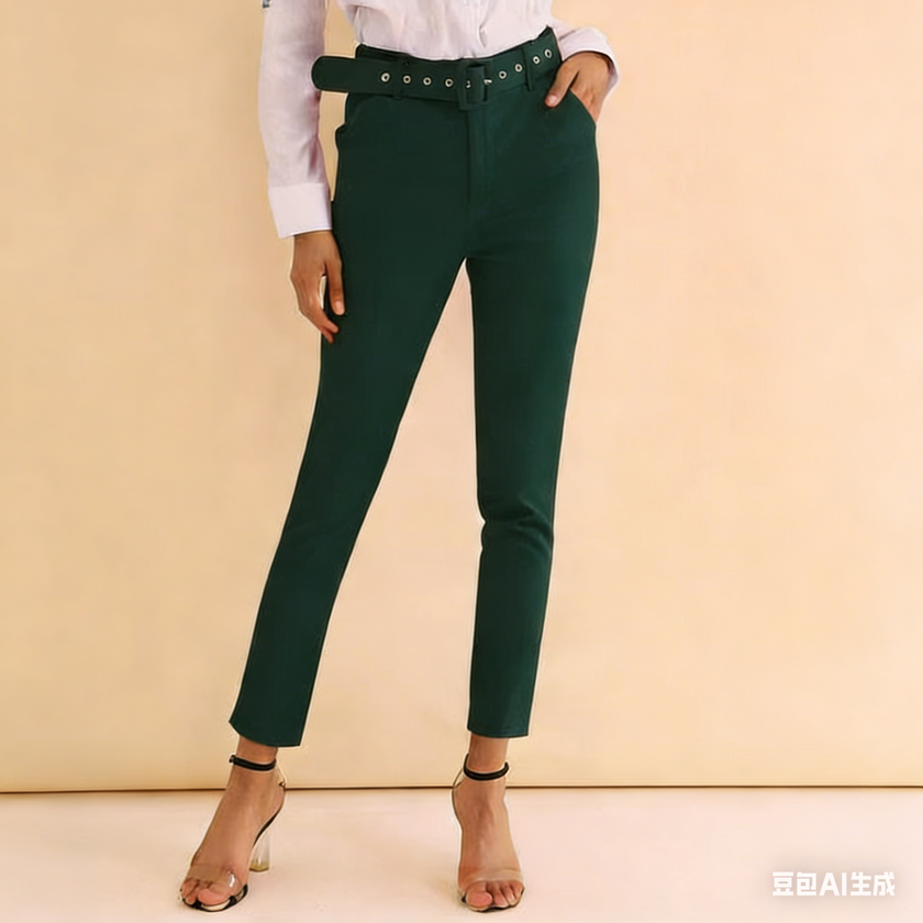 Army green high-waist pants with grommet belt detail and slim tapered leg