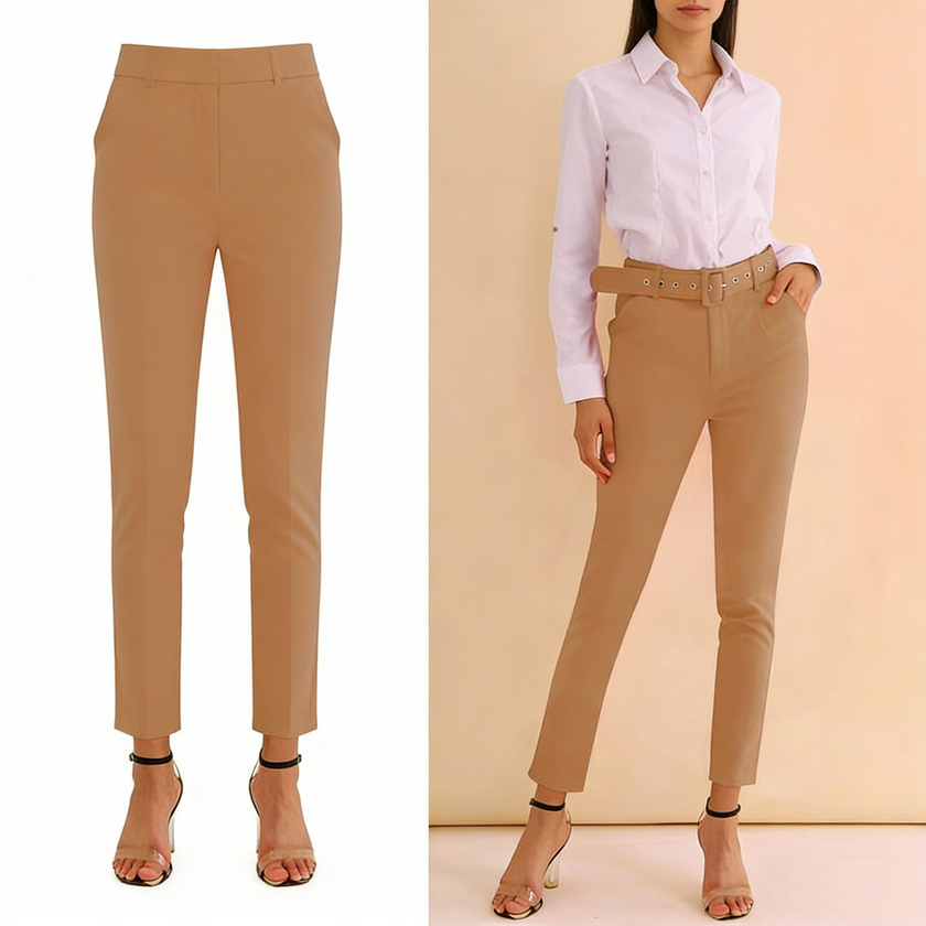 Nude high-waist pants with grommet belt, fitted ankle-length leg