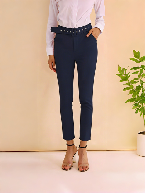 Navy high-waist pants with grommet belt, tapered fit to ankle