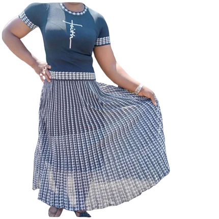 Houndstooth knit top and pleated skirt set, navy blue with white pattern