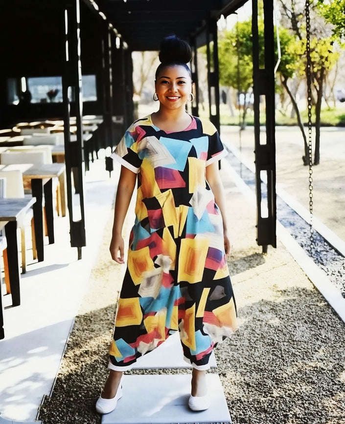 Jumpsuit mit geometrischem Print, weite Passform, Kurzarm, bunt
