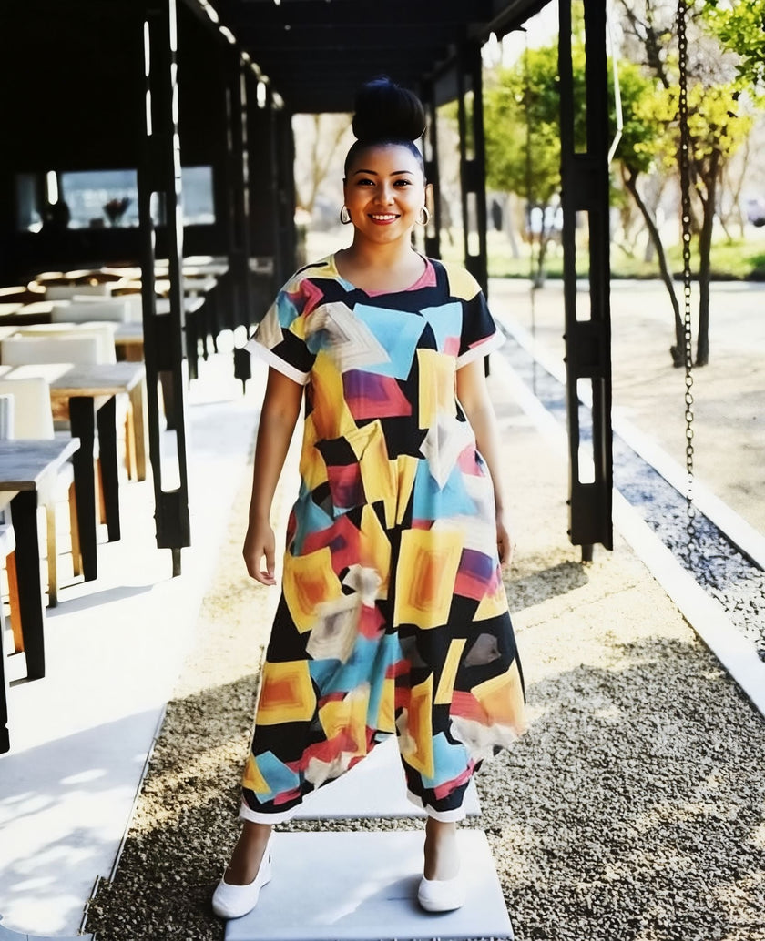 Women's Geometric Block Pattern Loose-Fit Jumpsuit with Short Sleeves