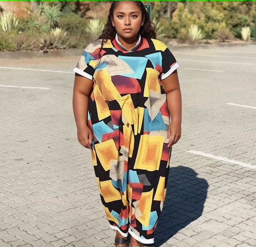 Women's Geometric Block Pattern Loose-Fit Jumpsuit with Short Sleeves