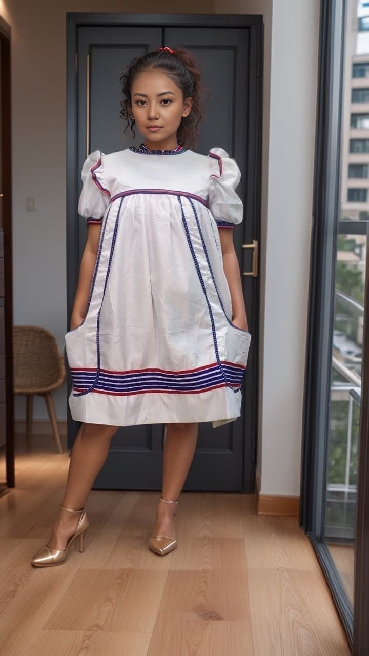 Women's Vintage-Style Dress with Red and White Stripe Accents and Puff Sleeves