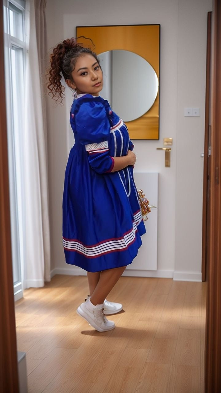 Women's Vintage-Style Dress with Red and White Stripe Accents and Puff Sleeves