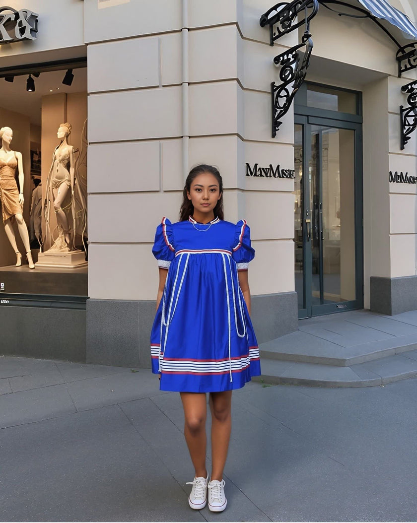 Women's Vintage-Style Dress with Red and White Stripe Accents and Puff Sleeves