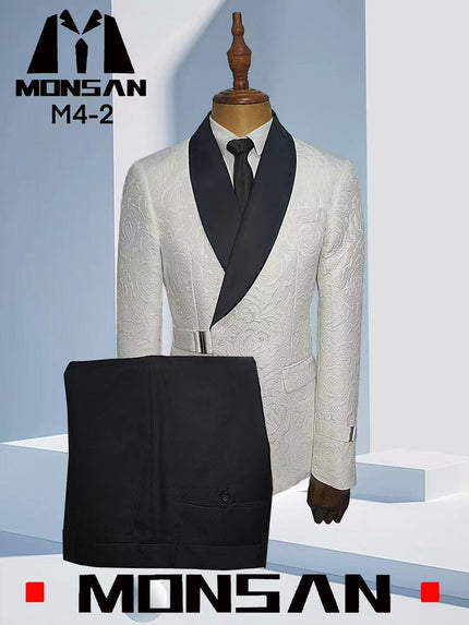Jacquard tuxedo suit set with shawl lapel jacket, black vest, and matching trousers.
