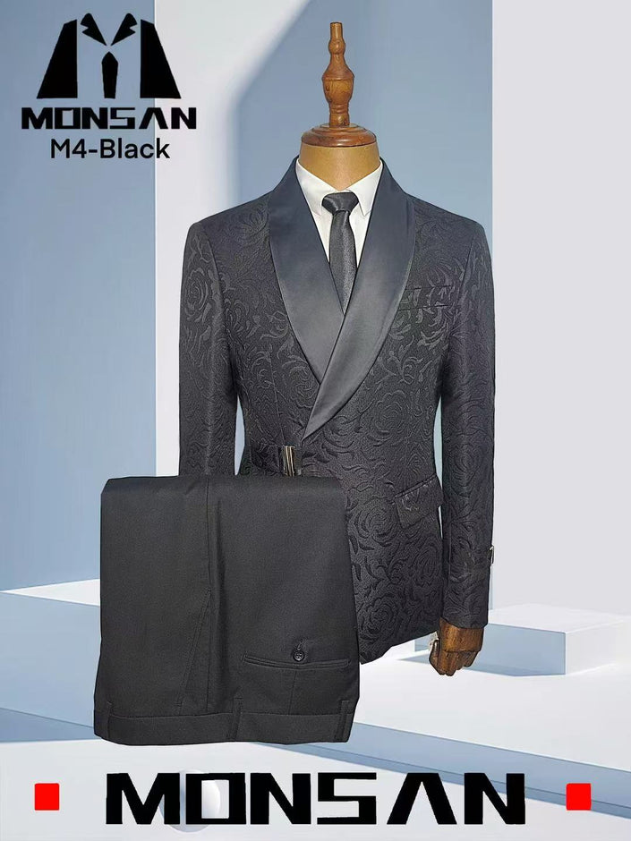 Black jacquard tuxedo jacket with shawl lapels and satin-trimmed pockets, slim fit