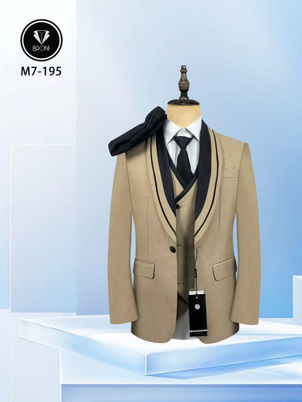 Beige-trim tuxedo suit with shawl lapel, three-piece set on mannequin