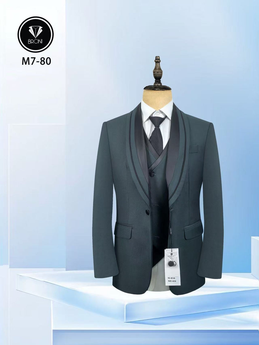 Dark green tuxedo 3-piece suit with shawl lapel jacket and matching vest, necktie