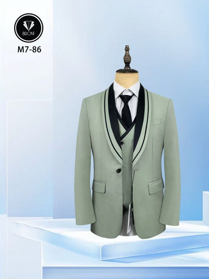 Mint-trim tuxedo suit with mint blazer, black vest, white shirt, black tie