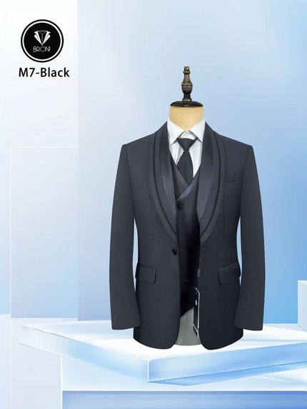 Black 3-piece tuxedo suit with satin shawl lapels, vest, and tie