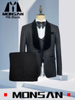 Black sparkle tuxedo suit with satin bow tie, waistcoat, and matching trousers