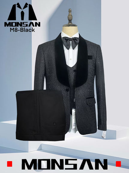 Black sparkle tuxedo suit with satin bow tie, waistcoat, and matching trousers