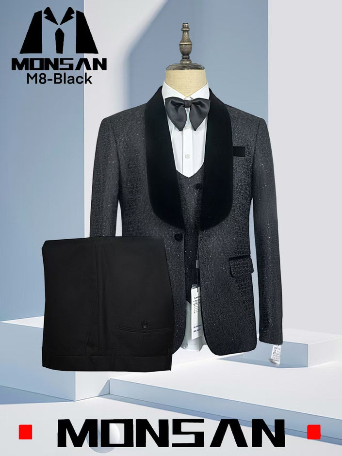 Black sparkle tuxedo suit with satin bow tie, waistcoat, and matching trousers
