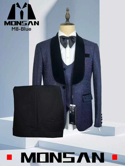 Mens Sequin Jacquard Shawl Lapel Three Piece Suit Wedding Formal Occasions