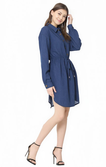 Dress Long Sleeve Button Front Drawstring Chic Practical