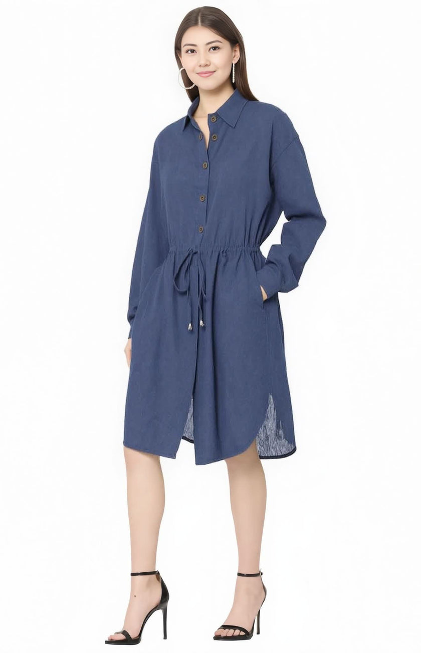 Long Sleeve Button-Front Drawstring Dress with Practical