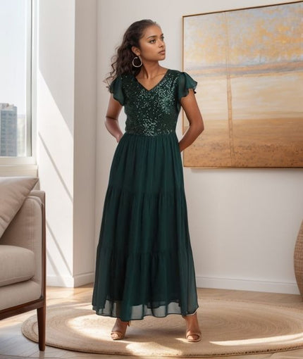 Dark green sequin flutter maxi dress with V-neck and flowing tiered chiffon skirt