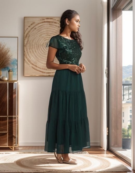 Women's V-Neck Sequin Bodice Flutter Sleeve Layered Maxi Dress