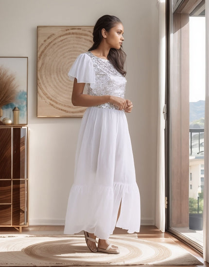 White sequin flutter maxi dress with flutter cap sleeves and layered flowing skirt