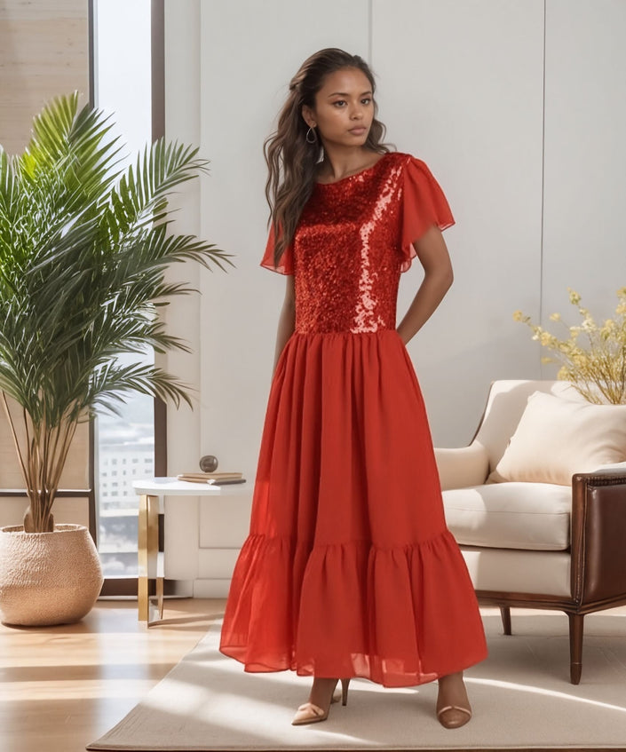Red sequin flutter maxi dress with short flutter sleeves and tiered chiffon skirt