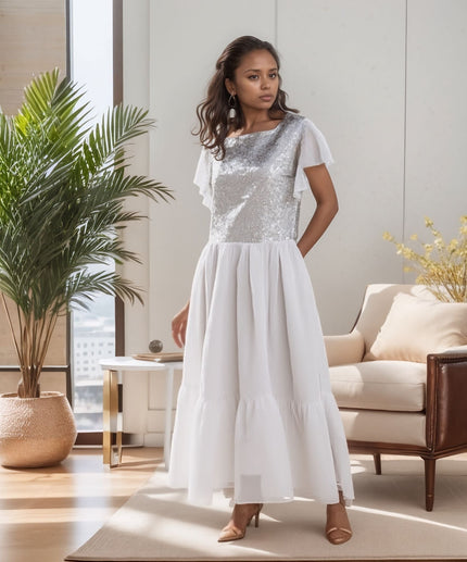 White sequin flutter maxi dress with short flutter sleeves and tiered chiffon skirt