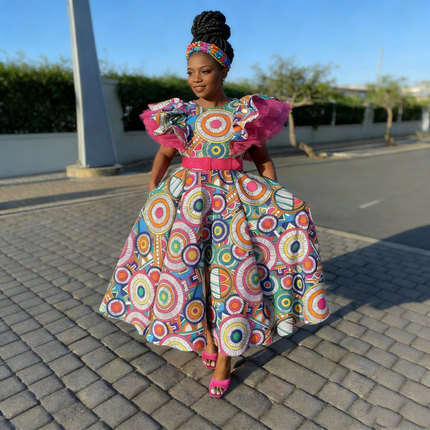 Multicolor geometric circle ruffled sleeve dress with wide skirt and pink belt