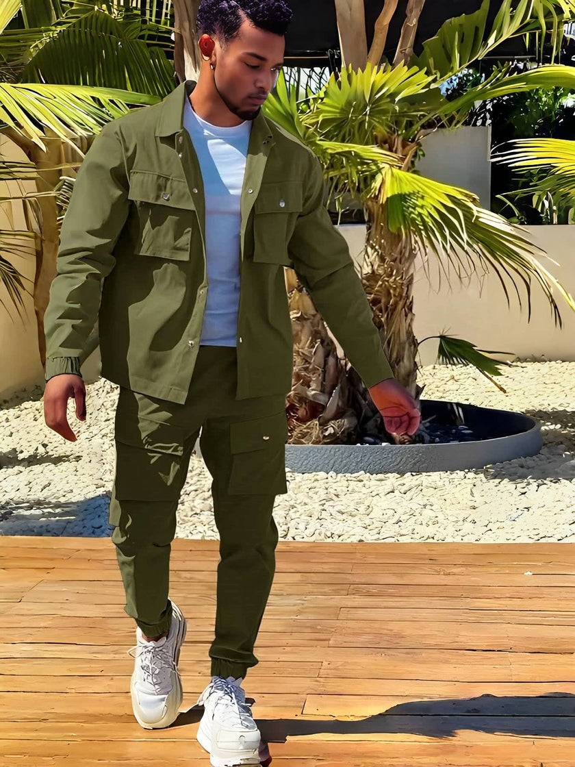 Men's Casual Workwear Two-Piece Set with Multiple Pocket Design