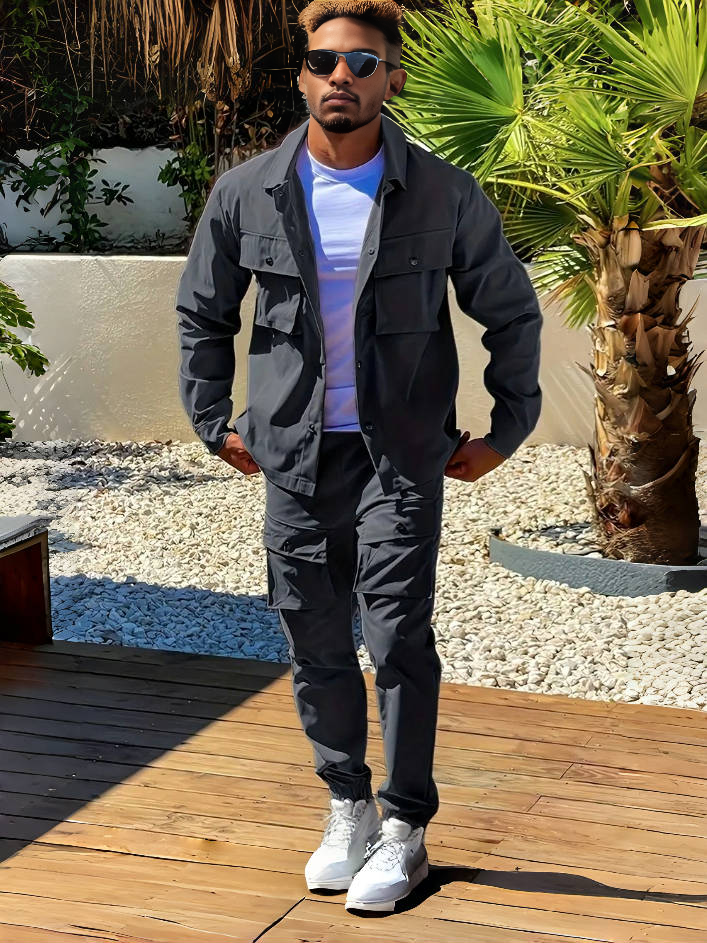 Men's Casual Workwear Two-Piece Set with Multiple Pocket Design