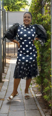Polka dot mesh dress with puff sleeves, navy and white dots, flared skirt
