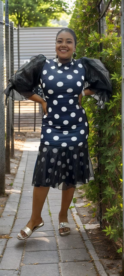Polka dot mesh dress with puff sleeves, navy and white dots, flared skirt