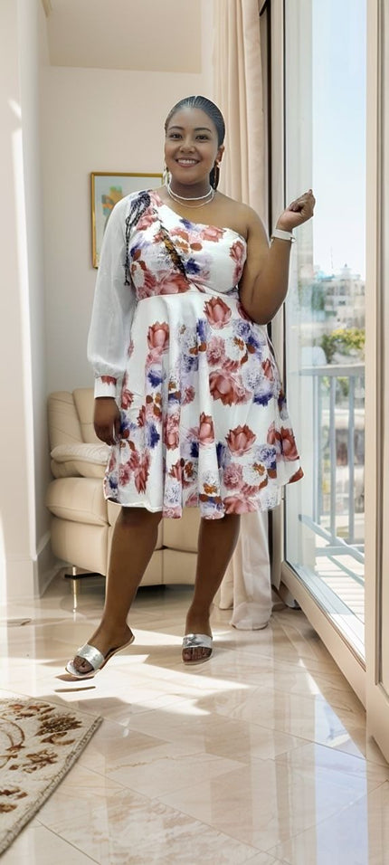 One-shoulder floral puff-sleeve dress with pink, blue, and red blooms, gathered skirt
