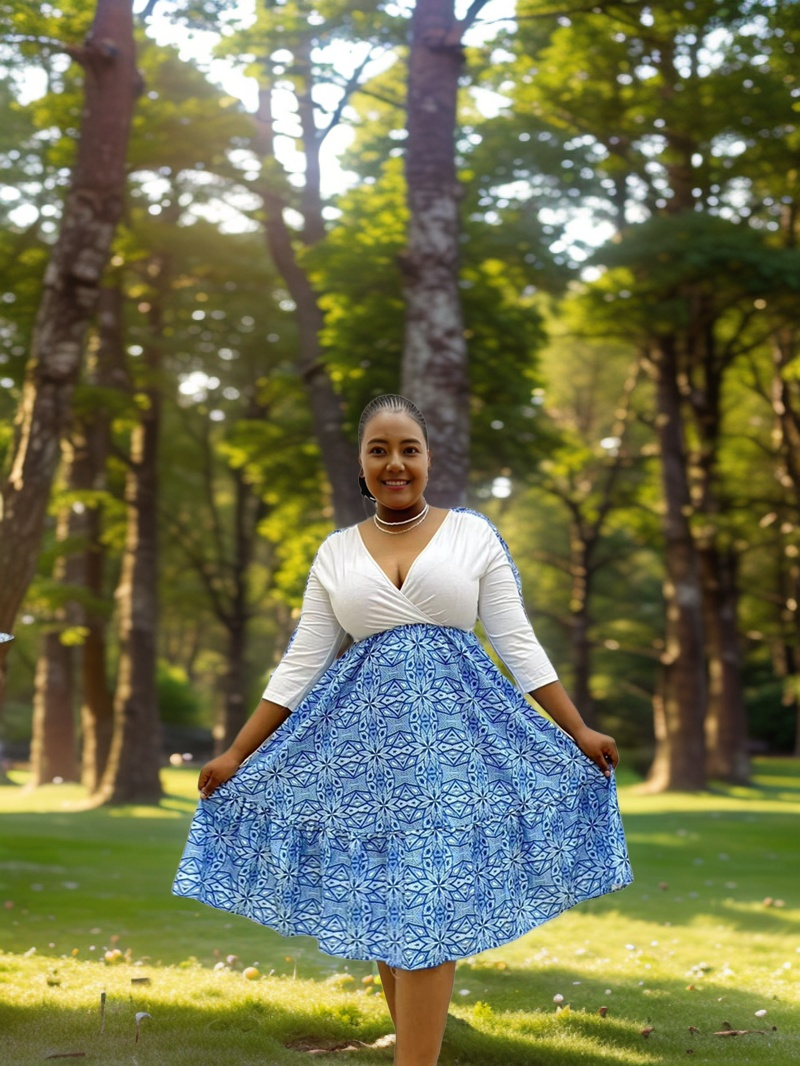 Women's V-Neck Patchwork Long Sleeve Dress, Geometric Pattern High-Waist Flared Design, Ruched Cuff Detailing