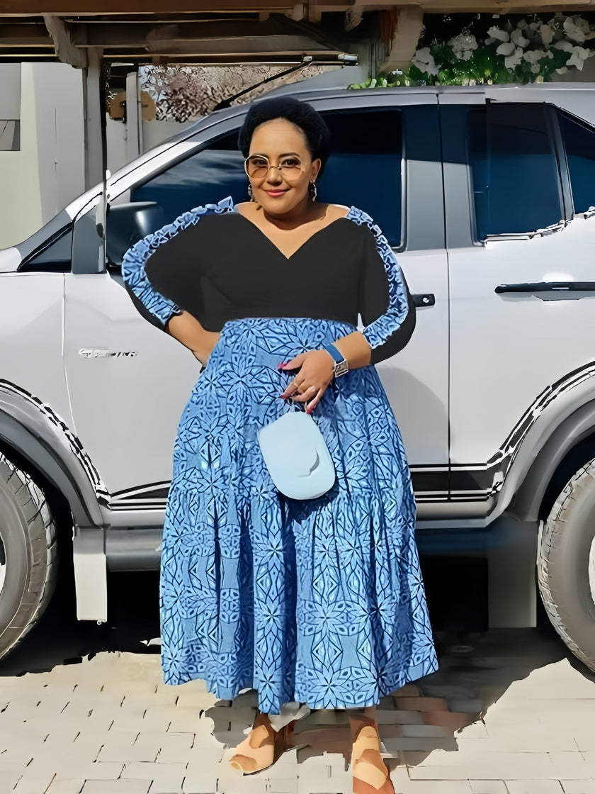 Women's V-Neck Patchwork Long Sleeve Dress, Geometric Pattern High-Waist Flared Design, Ruched Cuff Detailing