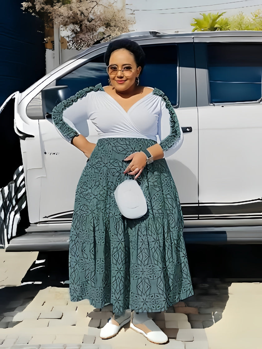 Women's V-Neck Patchwork Long Sleeve Dress, Geometric Pattern High-Waist Flared Design, Ruched Cuff Detailing