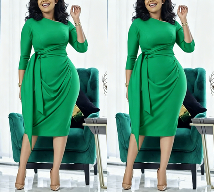 Slim fit midi dress with waist tie and pleats, bright green, 3/4 sleeves